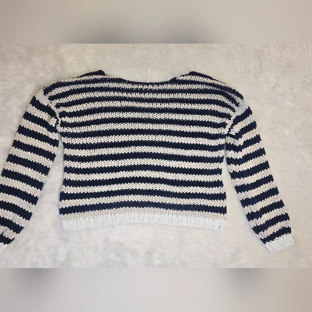 FREE PEOPLE Portland Pullover Navy Blue Stripes Sweater Knit SMALL - Picture 9 of 10